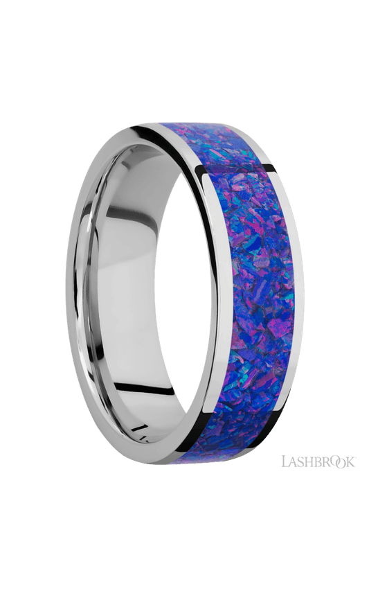 7 mm wide/Flat/Cobalt Chrome band with one 5 mm Centered inlay of Purple Opal.