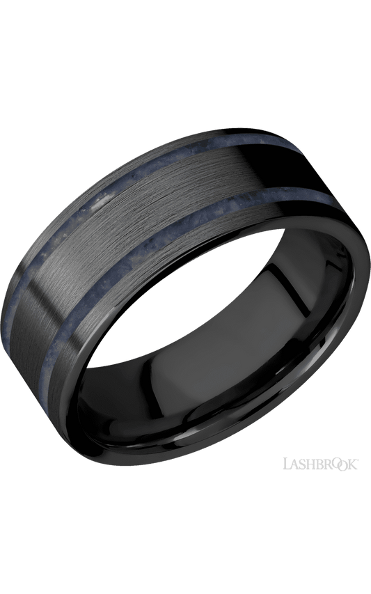 8 mm wide/Flat/Zirconium band with two 1 mm Wide inlays of Sodalite.