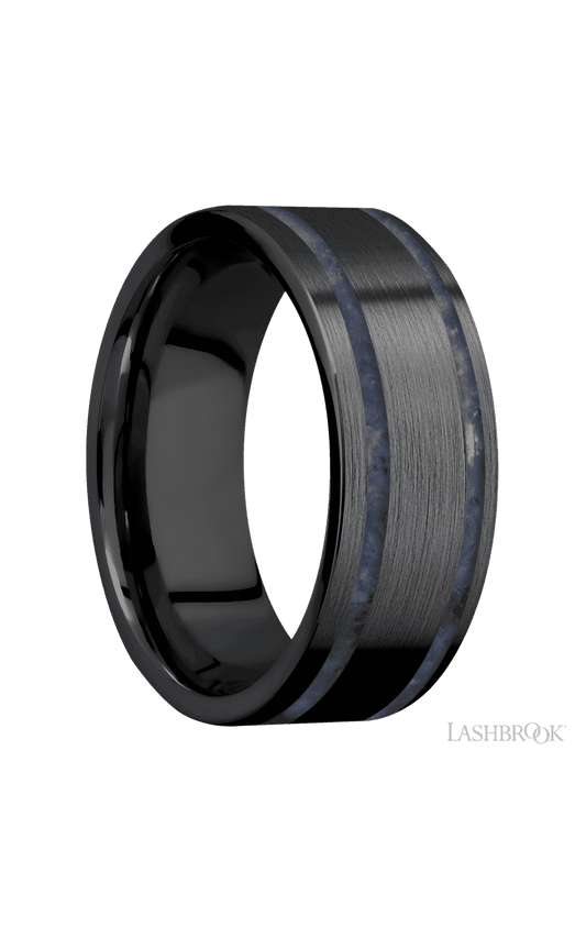 8 mm wide/Flat/Zirconium band with two 1 mm Wide inlays of Sodalite.