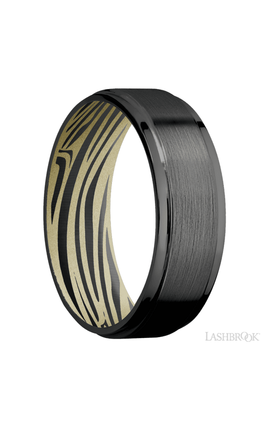 7 mm wide Flat Grooved Edges Zirconium band featuring a Bright Nickel sleeve.