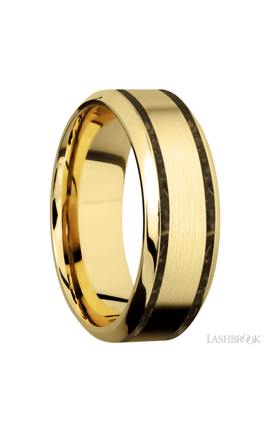8 mm wide/High Bevel/14K Yellow Gold band with two 1 mm Wide inlays of Gold Tiger Eye.