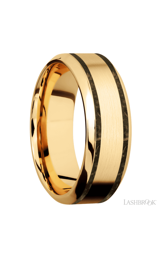 8 mm wide/High Bevel/14K Yellow Gold band with two 1 mm Wide inlays of Gold Tiger Eye.