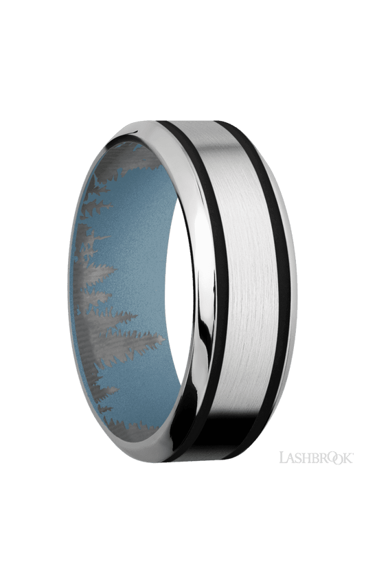 8 mm wide/High Bevel/Cobalt Chrome band with two 1 mm Wide inlays of Black also featuring a Polar Blue sleeve.