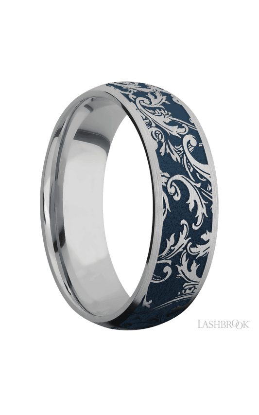 7 mm wide/Domed/Titanium band with a laser carved Black Leaf pattern.