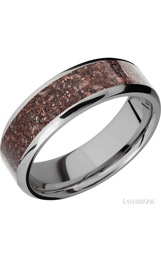 7 mm wide/Beveled/Titanium band with one 5 mm Centered inlay of Dinosaur Bone Mixed.