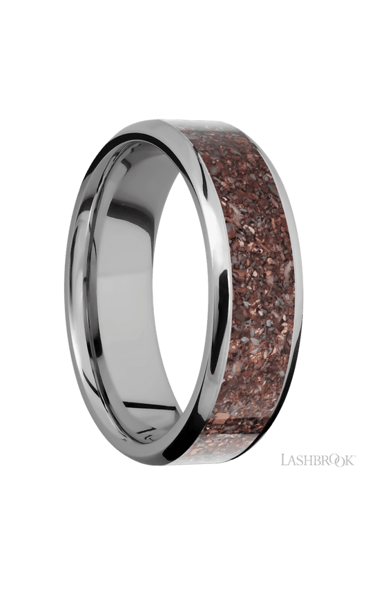 7 mm wide/Beveled/Titanium band with one 5 mm Centered inlay of Dinosaur Bone Mixed.