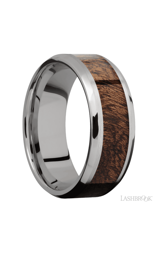 8 mm wide/Beveled/Titanium band with one 5 mm Centered inlay of Sapele.