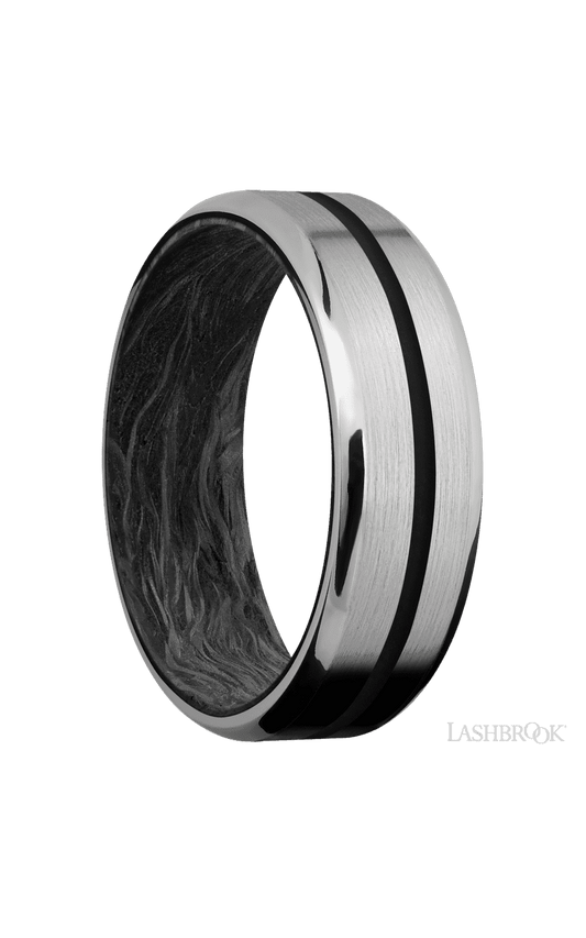 7 mm wide/Beveled/Titanium band with one 1 mm Centered inlay of Black also featuring a Forged Carbon Fiber sleeve.