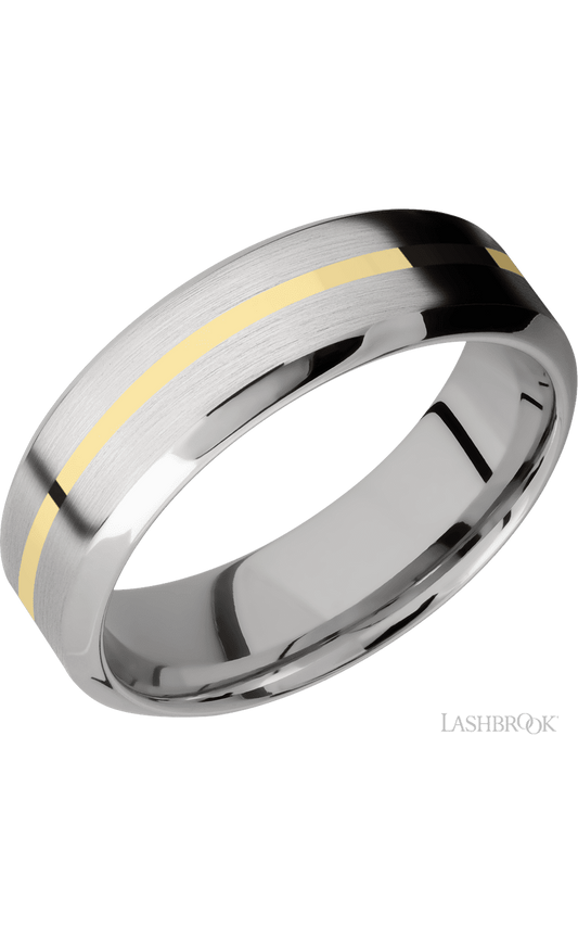 7 mm wide/High Bevel/14K White Gold band with one 1 mm Centered inlay of 14K Yellow Gold.