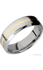 7 mm wide/High Bevel/14K White Gold band with one 1 mm Centered inlay of 14K Yellow Gold.