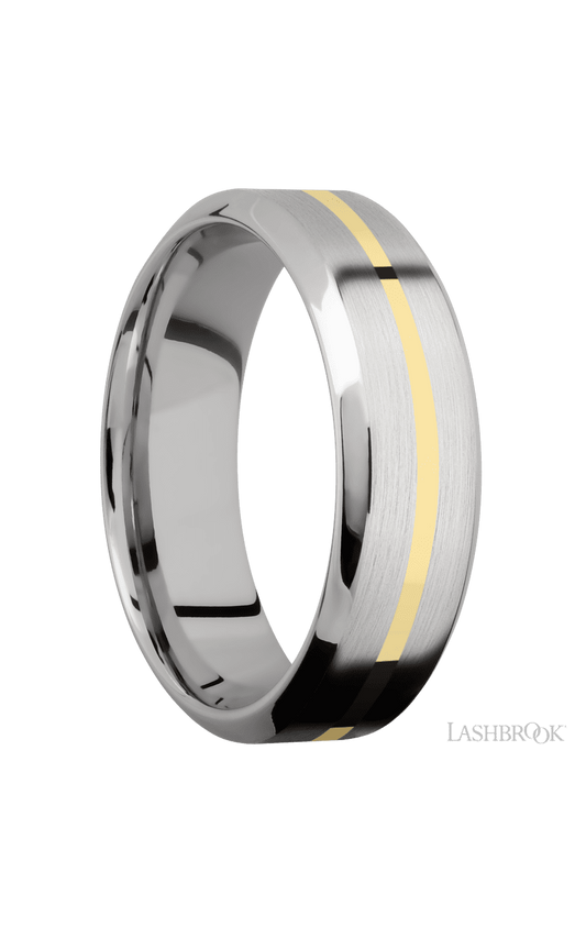 7 mm wide/High Bevel/14K White Gold band with one 1 mm Centered inlay of 14K Yellow Gold.