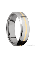 7 mm wide/High Bevel/14K White Gold band with one 1 mm Centered inlay of 14K Yellow Gold.