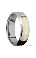 7 mm wide/High Bevel/14K White Gold band with one 1 mm Centered inlay of 14K Yellow Gold.