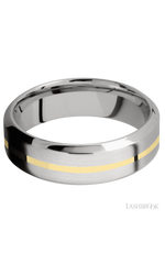 7 mm wide/High Bevel/14K White Gold band with one 1 mm Centered inlay of 14K Yellow Gold.