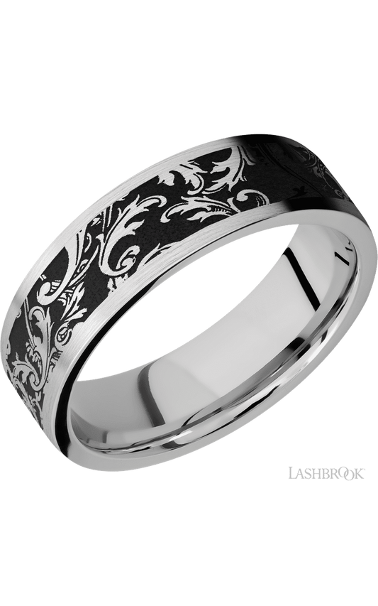 7 mm wide/Flat/Cobalt Chrome band with a laser carved Black Leaf pattern.