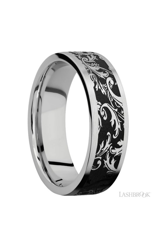 7 mm wide/Flat/Cobalt Chrome band with a laser carved Black Leaf pattern.