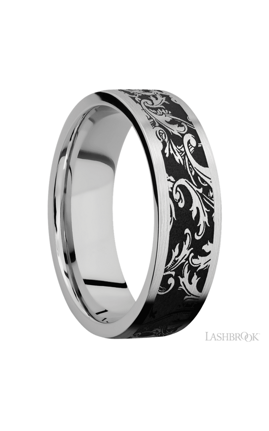 7 mm wide/Flat/Cobalt Chrome band with a laser carved Black Leaf pattern.