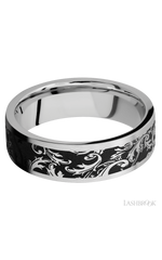 7 mm wide/Flat/Cobalt Chrome band with a laser carved Black Leaf pattern.