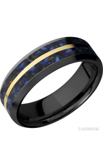 7 mm wide/Beveled/Zirconium band featuring inlays of Blue Tiger Eye and 14K Yellow Gold.