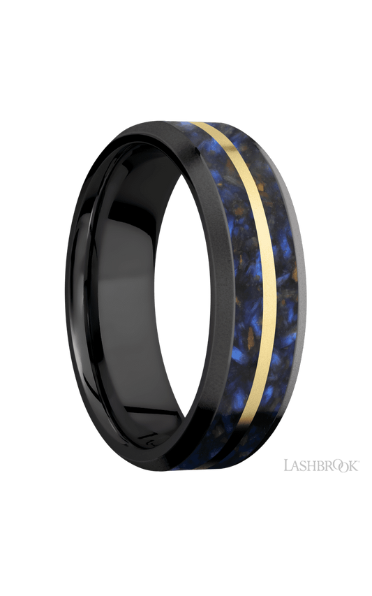 7 mm wide/Beveled/Zirconium band featuring inlays of Blue Tiger Eye and 14K Yellow Gold.