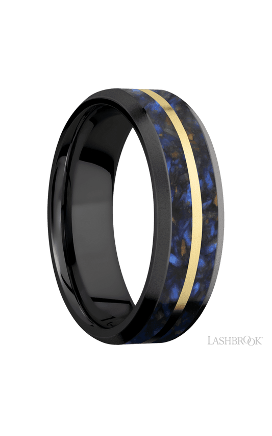 7 mm wide/Beveled/Zirconium band featuring inlays of Blue Tiger Eye and 14K Yellow Gold.