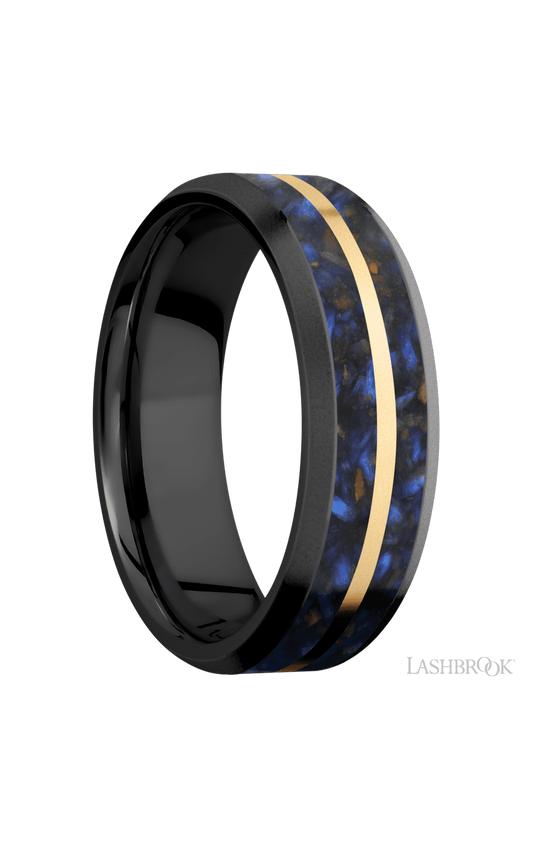7 mm wide/Beveled/Zirconium band featuring inlays of Blue Tiger Eye and 14K Yellow Gold.
