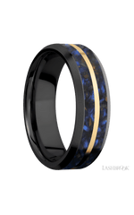 7 mm wide/Beveled/Zirconium band featuring inlays of Blue Tiger Eye and 14K Yellow Gold.