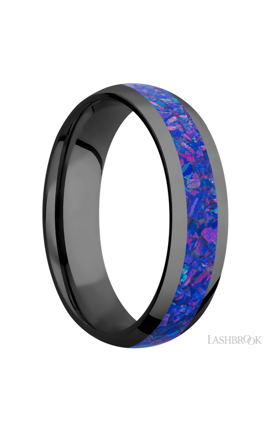 6 mm wide/Domed/Zirconium band with one 3 mm Centered inlay of Purple Opal.