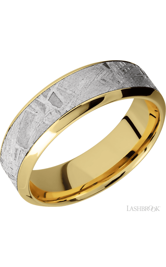 7 mm wide/High Bevel/18K Yellow Gold band with one 4 mm Centered inlay of Meteorite.