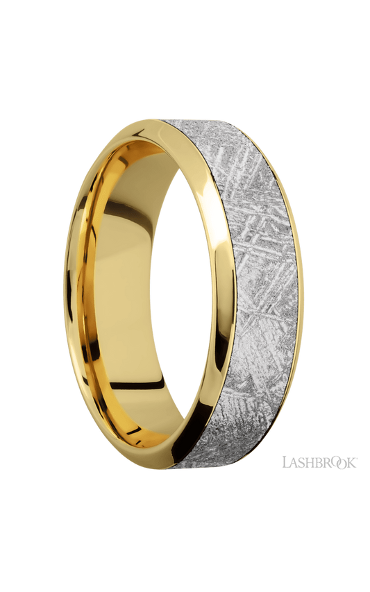 7 mm wide/High Bevel/18K Yellow Gold band with one 4 mm Centered inlay of Meteorite.