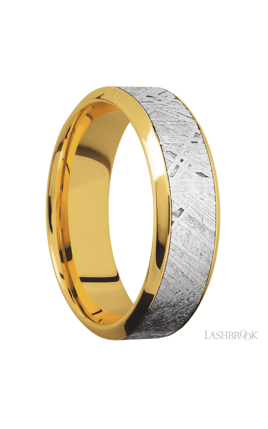 7 mm wide/High Bevel/18K Yellow Gold band with one 4 mm Centered inlay of Meteorite.