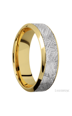 7 mm wide/High Bevel/18K Yellow Gold band with one 4 mm Centered inlay of Meteorite.