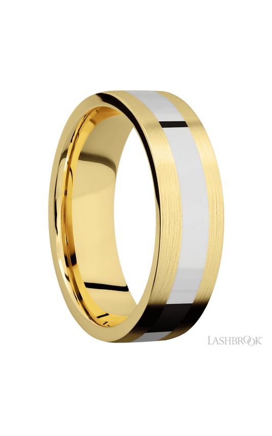 7 mm wide/Flat/14K Yellow Gold band with one 3 mm Centered inlay of 14K White Gold.