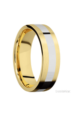7 mm wide/Flat/14K Yellow Gold band with one 3 mm Centered inlay of 14K White Gold.