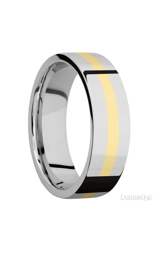 7 mm wide/Flat/14K White Gold band with one 2 mm Centered inlay of 14K Yellow Gold.