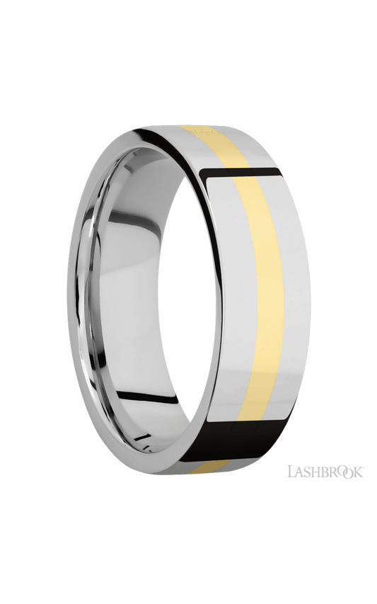 7 mm wide/Flat/14K White Gold band with one 2 mm Centered inlay of 14K Yellow Gold.