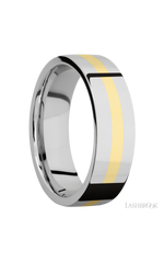 7 mm wide/Flat/14K White Gold band with one 2 mm Centered inlay of 14K Yellow Gold.
