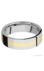 7 mm wide/Flat/14K White Gold band with one 2 mm Centered inlay of 14K Yellow Gold.