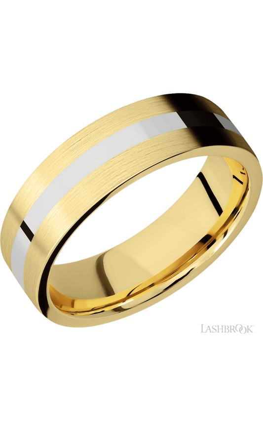 7 mm wide/Flat/14K Yellow Gold band with one 2 mm Centered inlay of 14K White Gold.