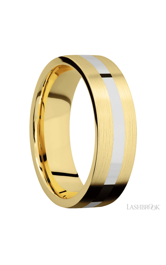 7 mm wide/Flat/14K Yellow Gold band with one 2 mm Centered inlay of 14K White Gold.