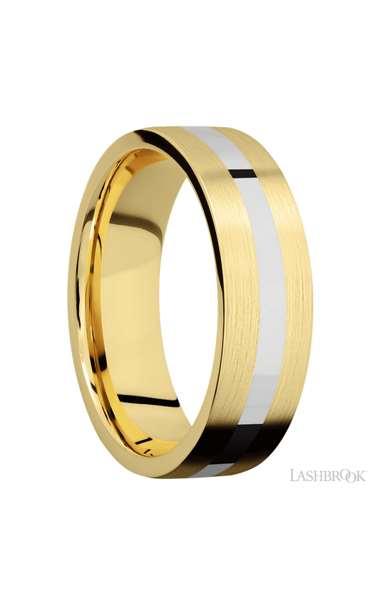 7 mm wide/Flat/14K Yellow Gold band with one 2 mm Centered inlay of 14K White Gold.