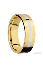 7 mm wide/Flat/14K Yellow Gold band with one 2 mm Centered inlay of 14K White Gold.