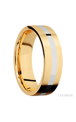 7 mm wide/Flat/14K Yellow Gold band with one 2 mm Centered inlay of 14K White Gold.