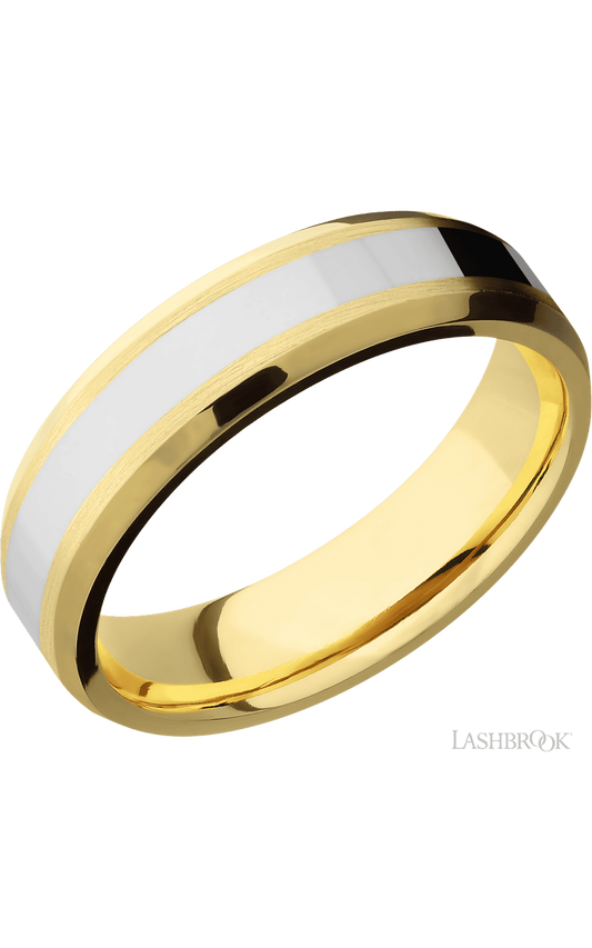 6 mm wide/Beveled/14K Yellow Gold band with one 3 mm Centered inlay of 14K White Gold.