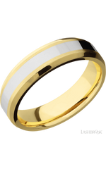 6 mm wide/Beveled/14K Yellow Gold band with one 3 mm Centered inlay of 14K White Gold.