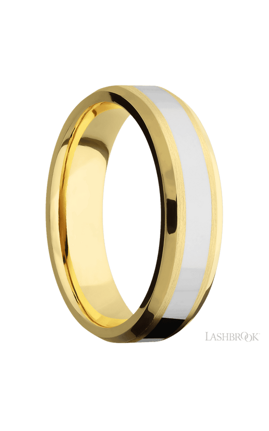 6 mm wide/Beveled/14K Yellow Gold band with one 3 mm Centered inlay of 14K White Gold.