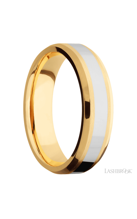 6 mm wide/Beveled/14K Yellow Gold band with one 3 mm Centered inlay of 14K White Gold.