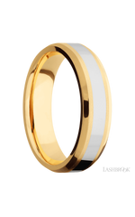 6 mm wide/Beveled/14K Yellow Gold band with one 3 mm Centered inlay of 14K White Gold.