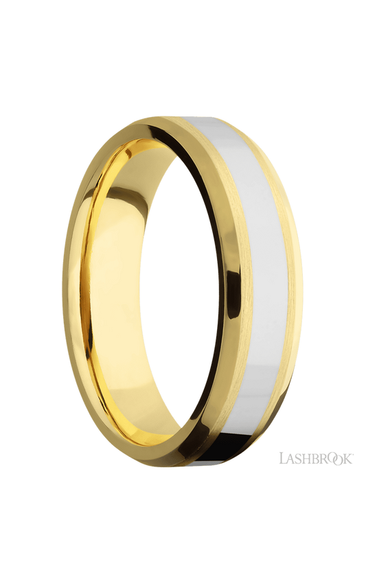 6 mm wide/Beveled/14K Yellow Gold band with one 3 mm Centered inlay of 14K White Gold.