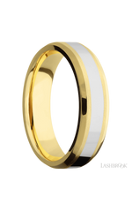 6 mm wide/Beveled/14K Yellow Gold band with one 3 mm Centered inlay of 14K White Gold.
